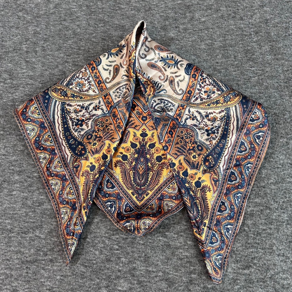 Vintage Paisley Satin Square Scarf Navy Blue Orange Floral Medallion Bandana
